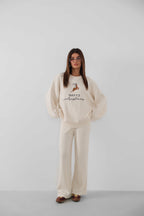 Embroidered Sweatshirter Pants Knit White Set