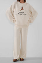 Embroidered Sweatshirter Pants Knit White Set