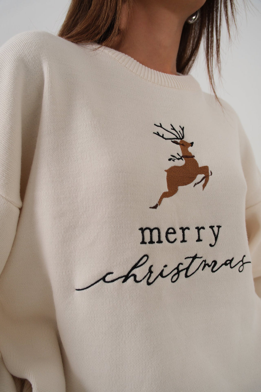 Embroidered Sweatshirter Pants Knit White Set