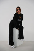 Embroidered Sweatshirter Pants Knit Black Set