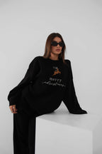 Embroidered Sweatshirter Pants Knit Black Set