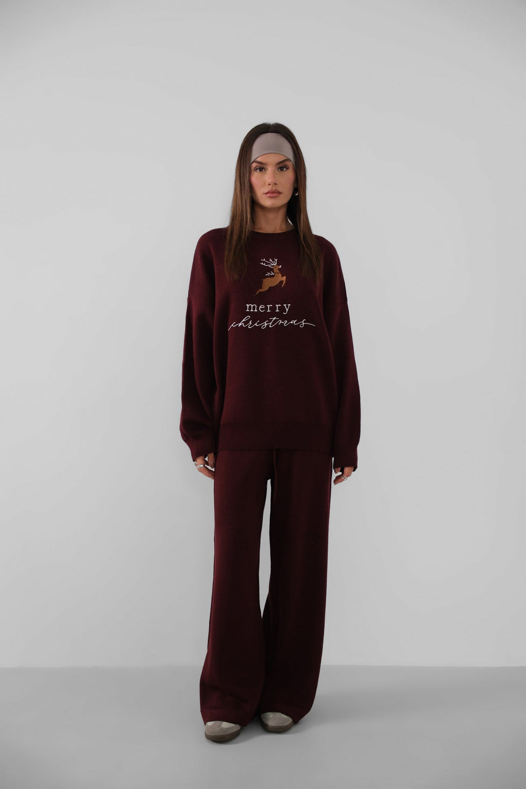 Embroidered Sweatshirter Pants Knit Burgundy Set