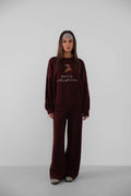 Embroidered Sweatshirter Pants Knit Burgundy Set