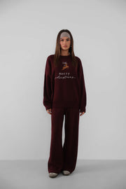 Embroidered Sweater Trousers Knitwear Claret Burgundy Suit