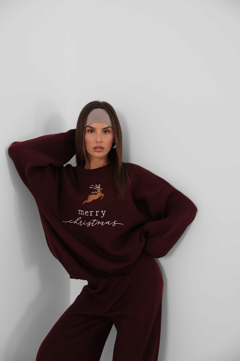 Embroidered Sweatshirter Pants Knit Burgundy Set