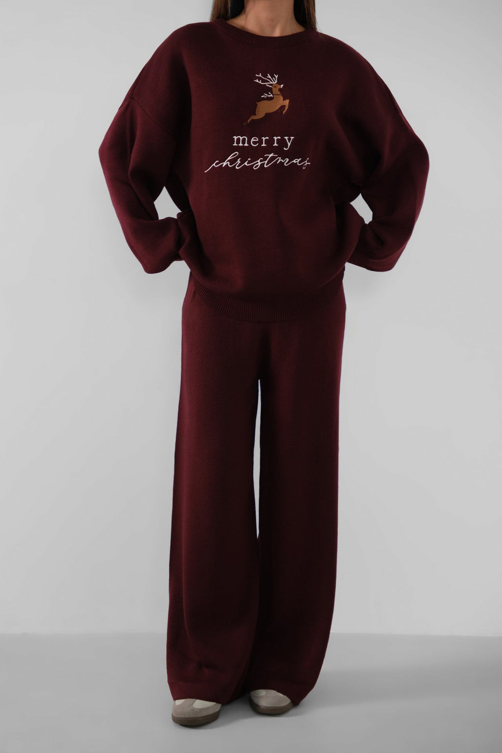 Embroidered Sweatshirter Pants Knit Burgundy Set