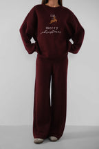 Embroidered Sweatshirter Pants Knit Burgundy Set
