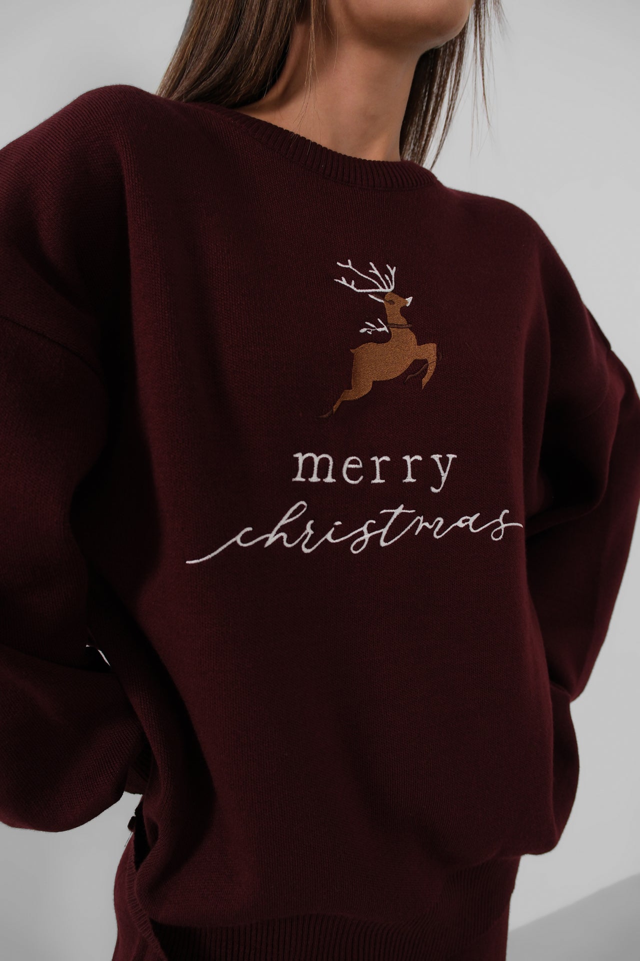 Embroidered Sweatshirter Pants Knit Burgundy Set