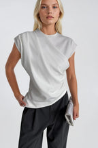 Ruched Shoulder Sleeveless White Blouse