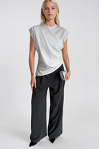 Ruched Shoulder Sleeveless White Blouse