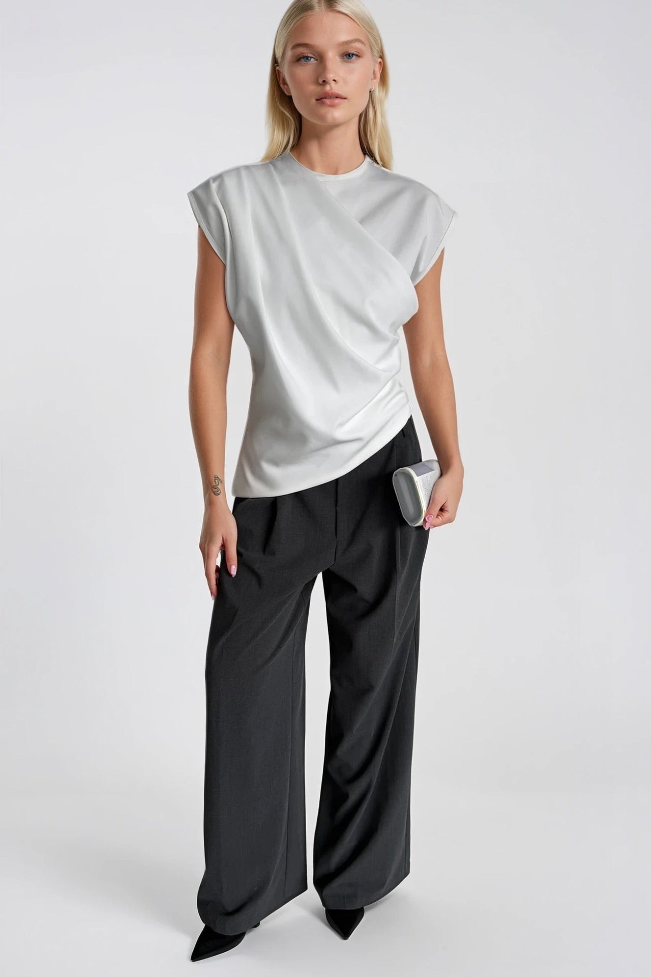Ruched Shoulder Sleeveless White Blouse