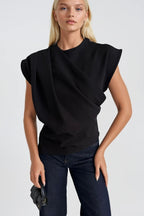 Ruched Shoulder Sleeveless Black Blouse