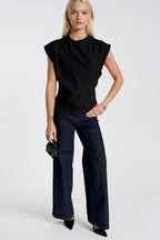 Ruched Shoulder Sleeveless Black Blouse