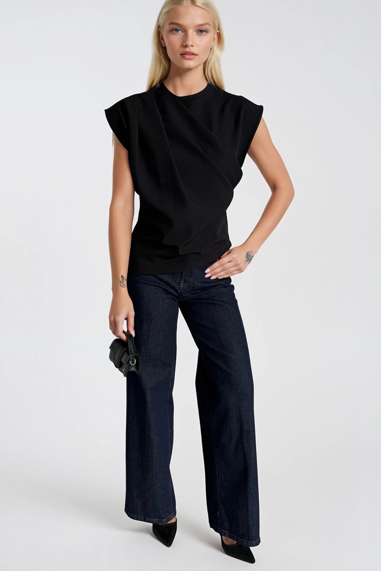 Ruched Shoulder Sleeveless Black Blouse