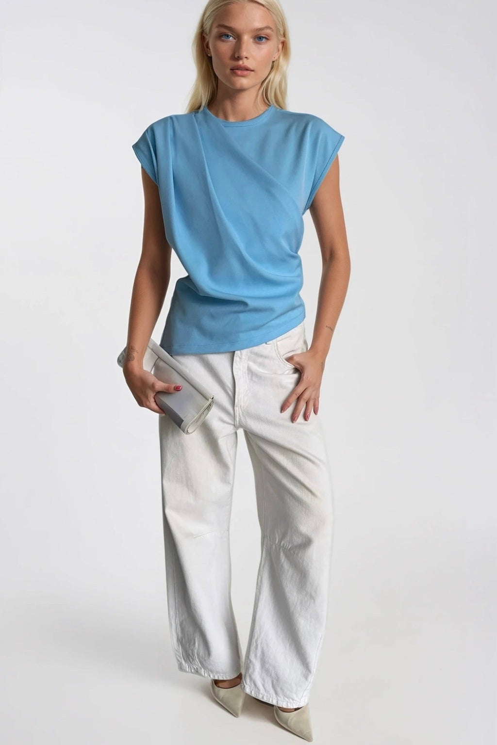 Ruched Shoulder Sleeveless Blue Blouse