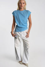 Ruched Shoulder Sleeveless Blue Blouse