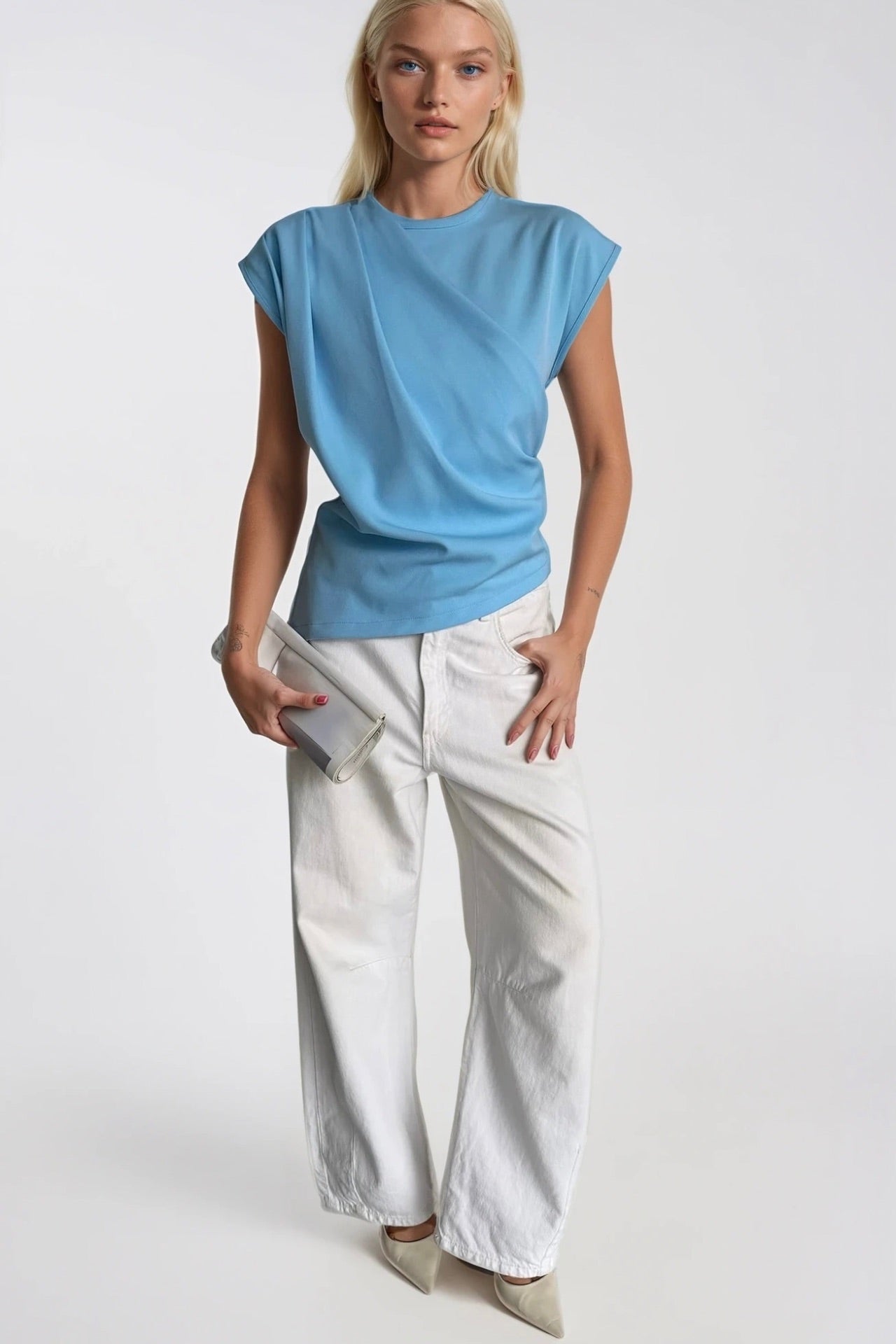 Ruched Shoulder Sleeveless Blue Blouse