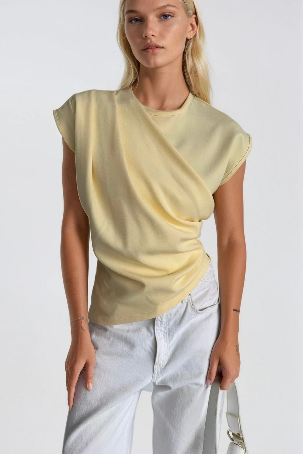 Ruched Shoulder Sleeveless Yellow Blouse