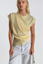 Ruched Shoulder Sleeveless Yellow Blouse