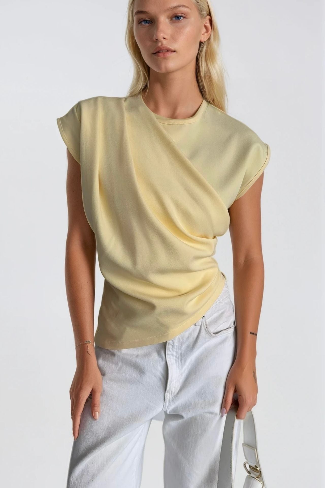 Ruched Shoulder Sleeveless Yellow Blouse