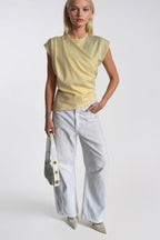 Ruched Shoulder Sleeveless Yellow Blouse