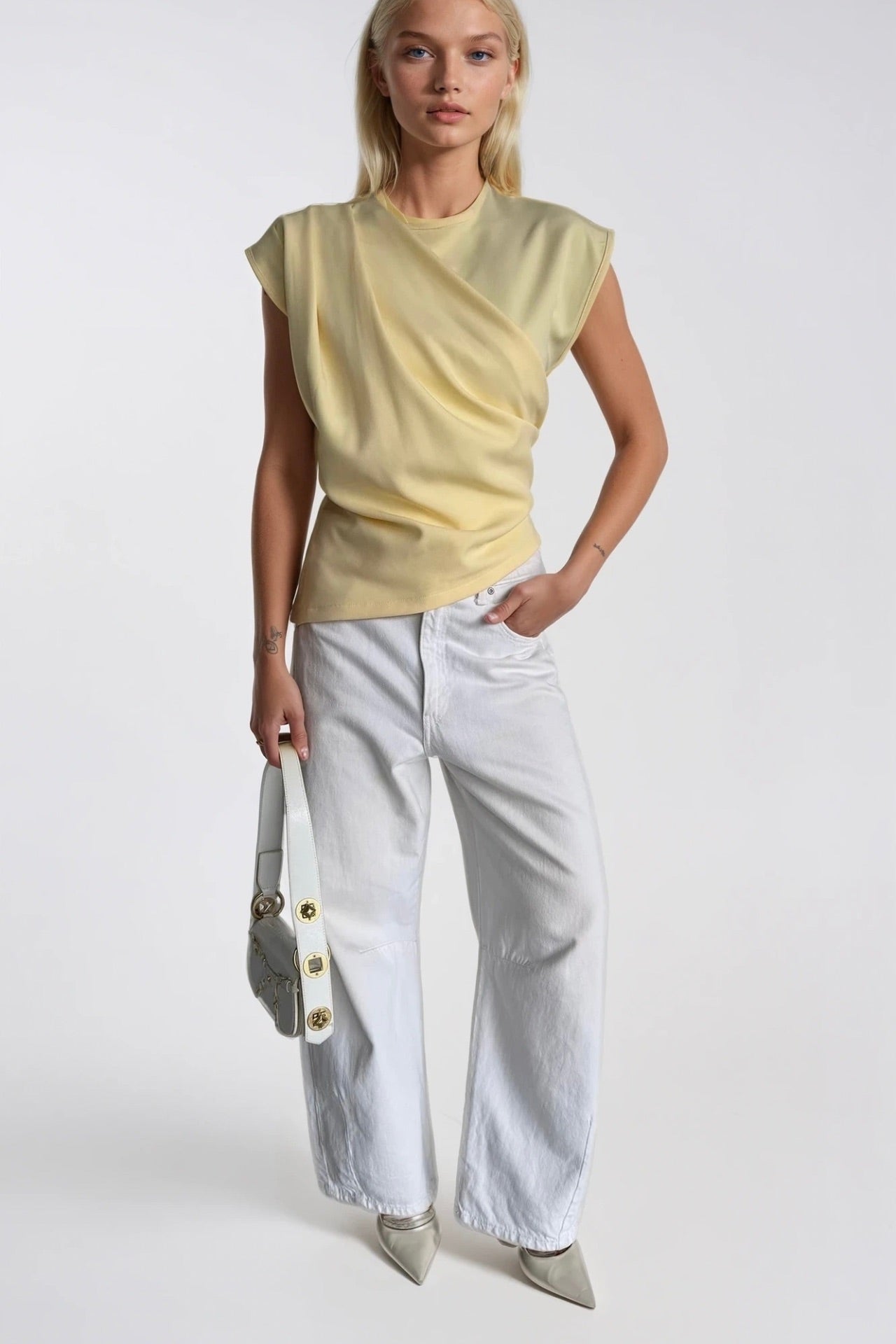 Ruched Shoulder Sleeveless Yellow Blouse