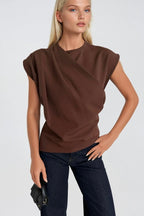 Ruched Shoulder Sleeveless Brown Blouse