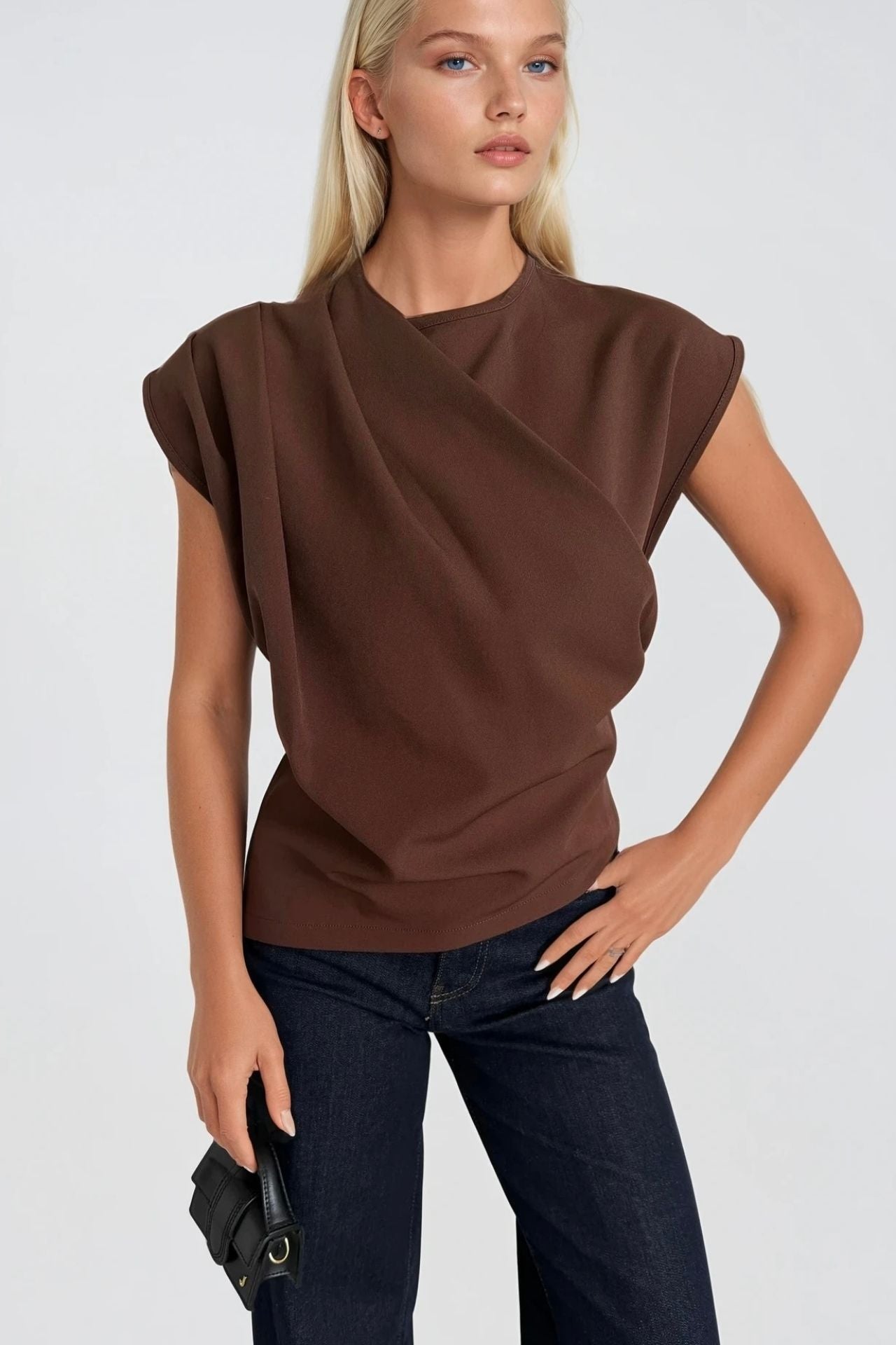 Ruched Shoulder Sleeveless Brown Blouse
