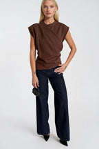 Ruched Shoulder Sleeveless Brown Blouse