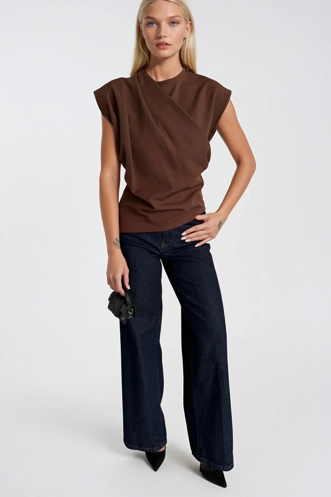 Ruched Shoulder Sleeveless Brown Blouse