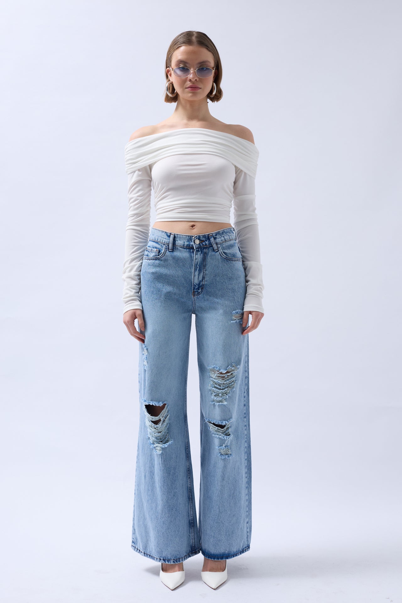 Shoulder Cutout Strapless White Blouse