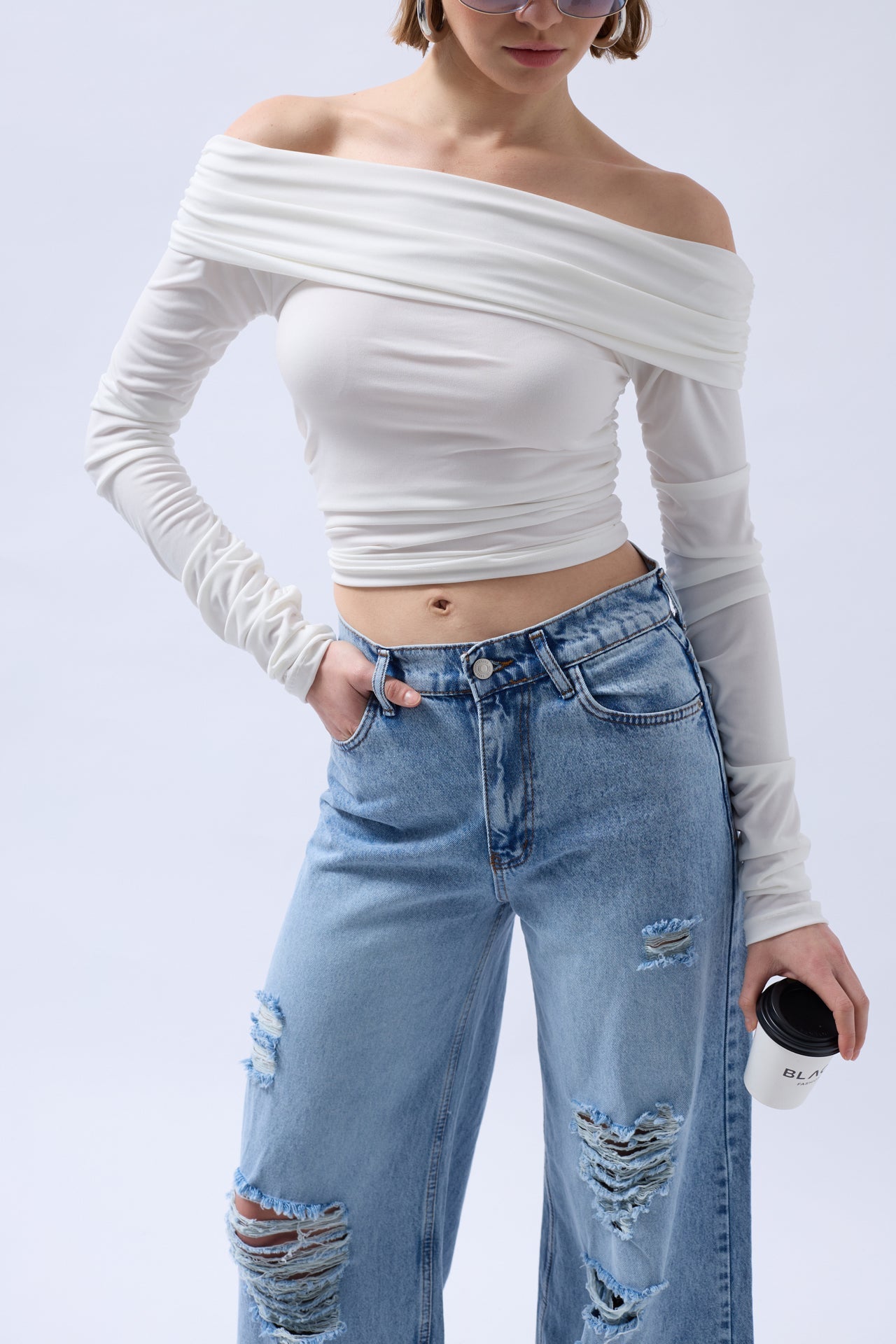 Shoulder Cutout Strapless White Blouse