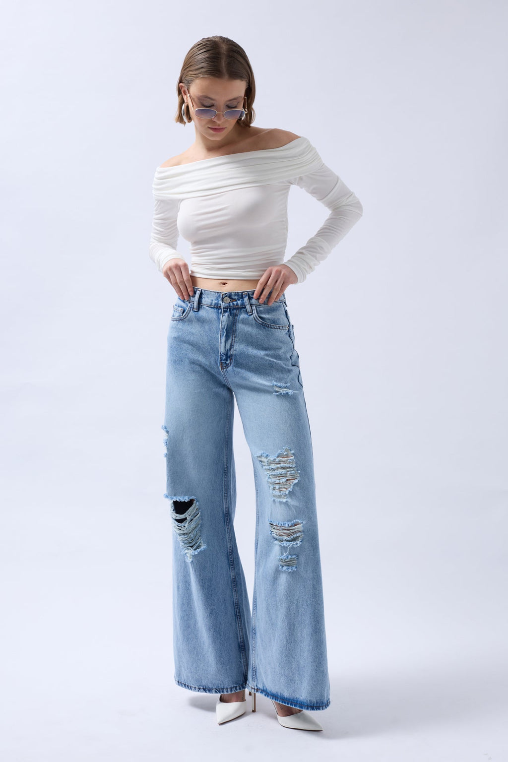 Shoulder Cutout Strapless White Blouse