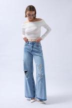 Shoulder Cutout Strapless White Blouse