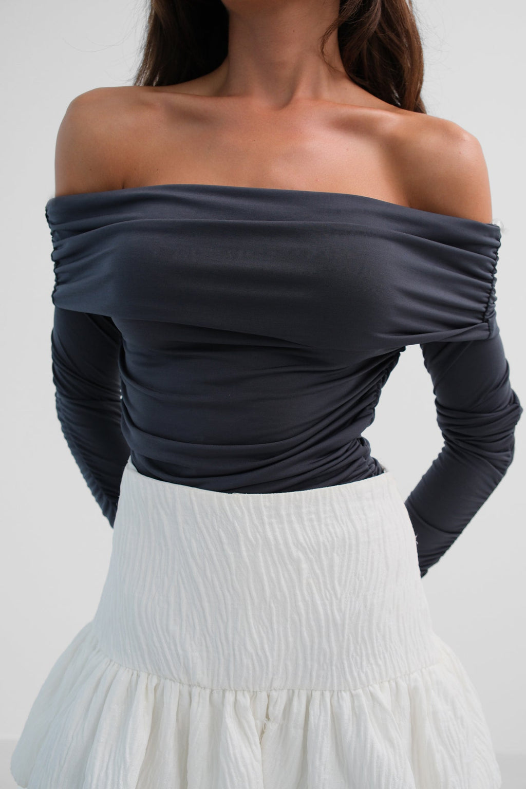 Shoulder Cutout Strapless Gray Blouse