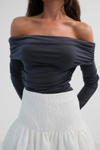 Shoulder Cutout Strapless Gray Blouse
