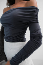 Shoulder Cutout Strapless Gray Blouse