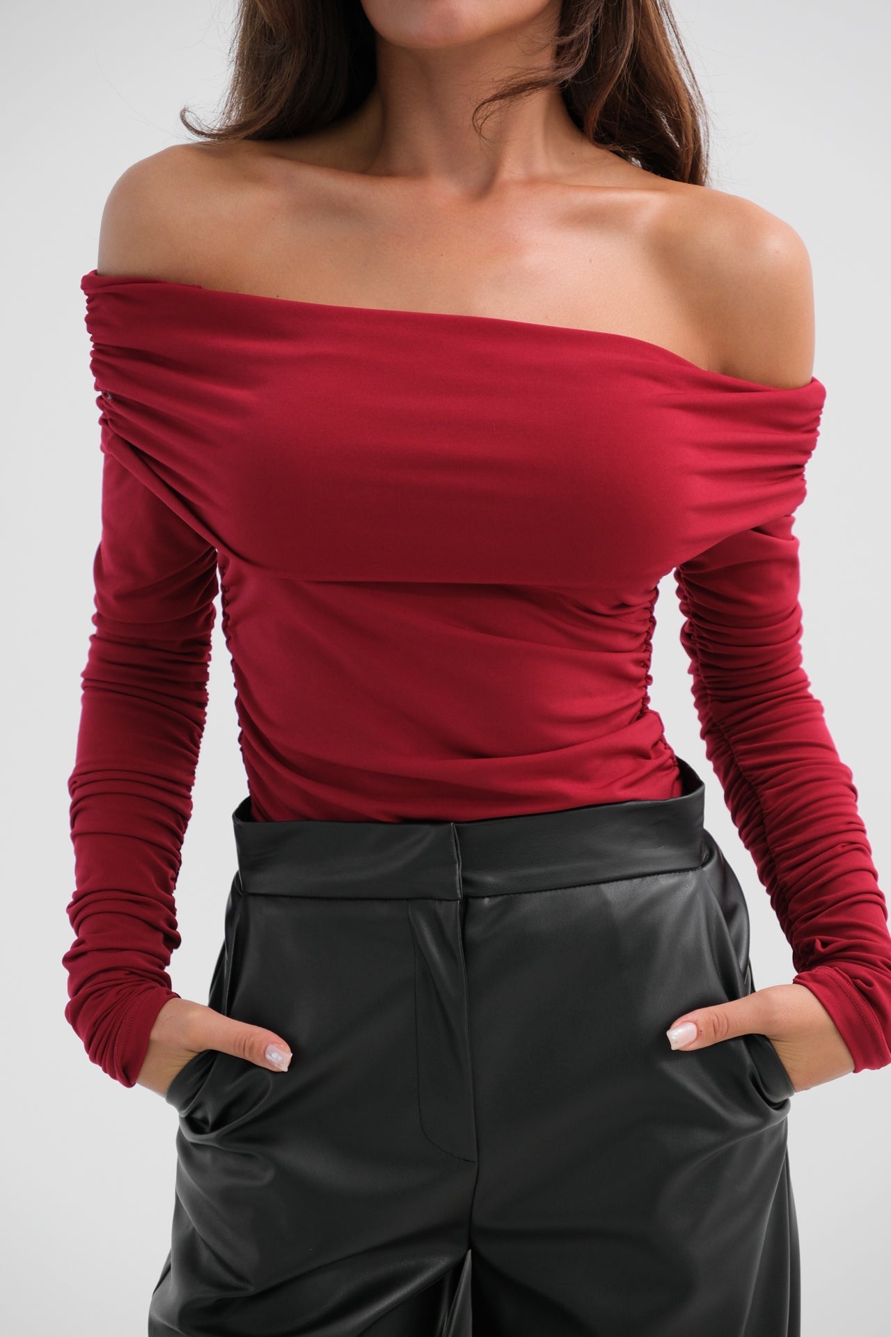 Shoulder Cutout Strapless Burgundy Blouse