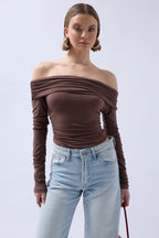 Shoulder Cutout Strapless Brown Blouse