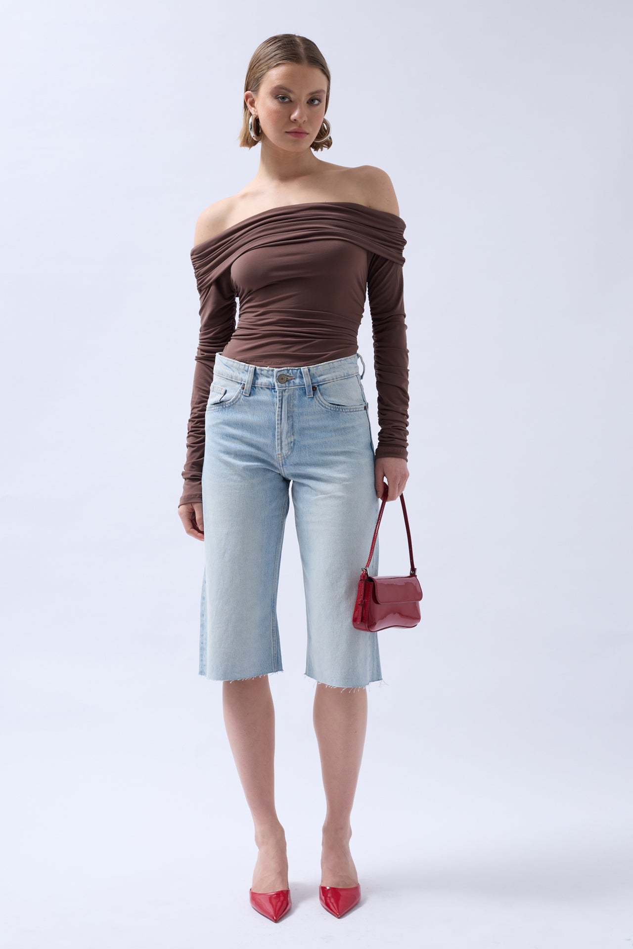 Shoulder Cutout Strapless Brown Blouse
