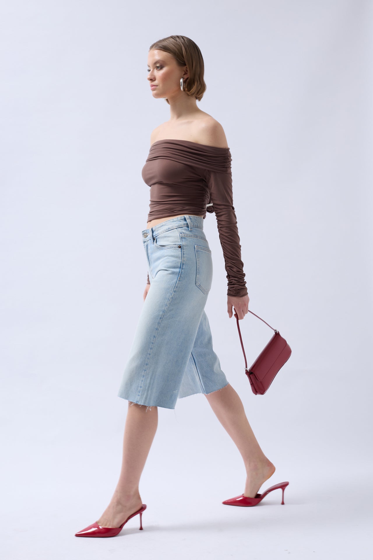 Shoulder Cutout Strapless Brown Blouse