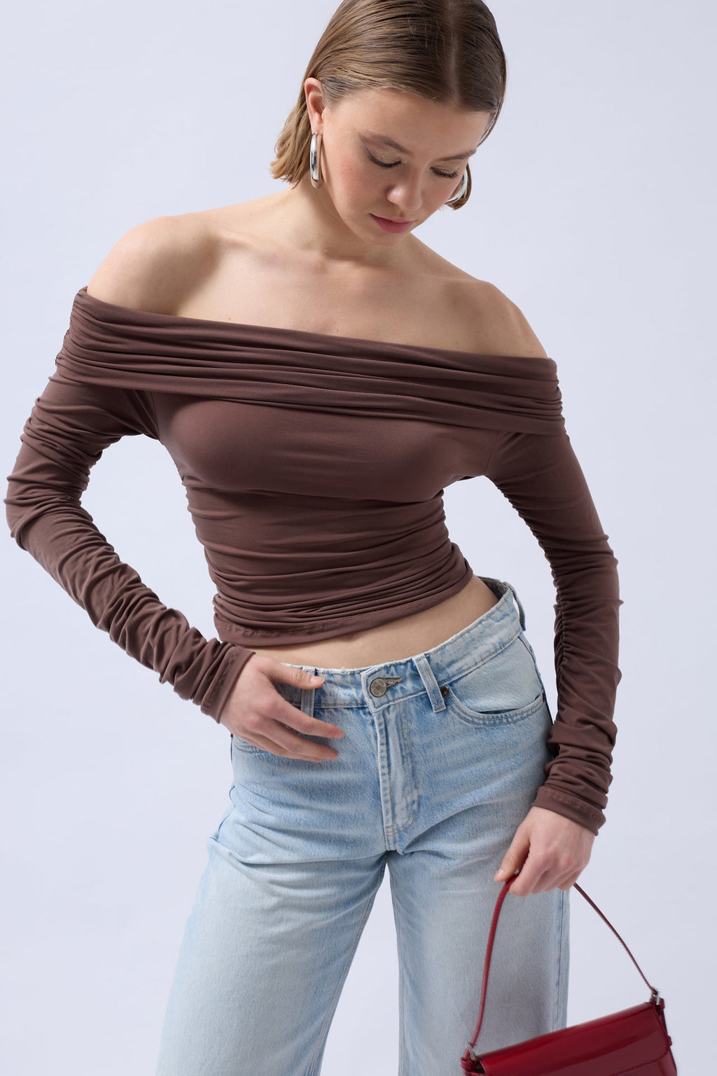 Shoulder Cutout Strapless Brown Blouse