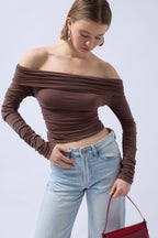Shoulder Cutout Strapless Brown Blouse