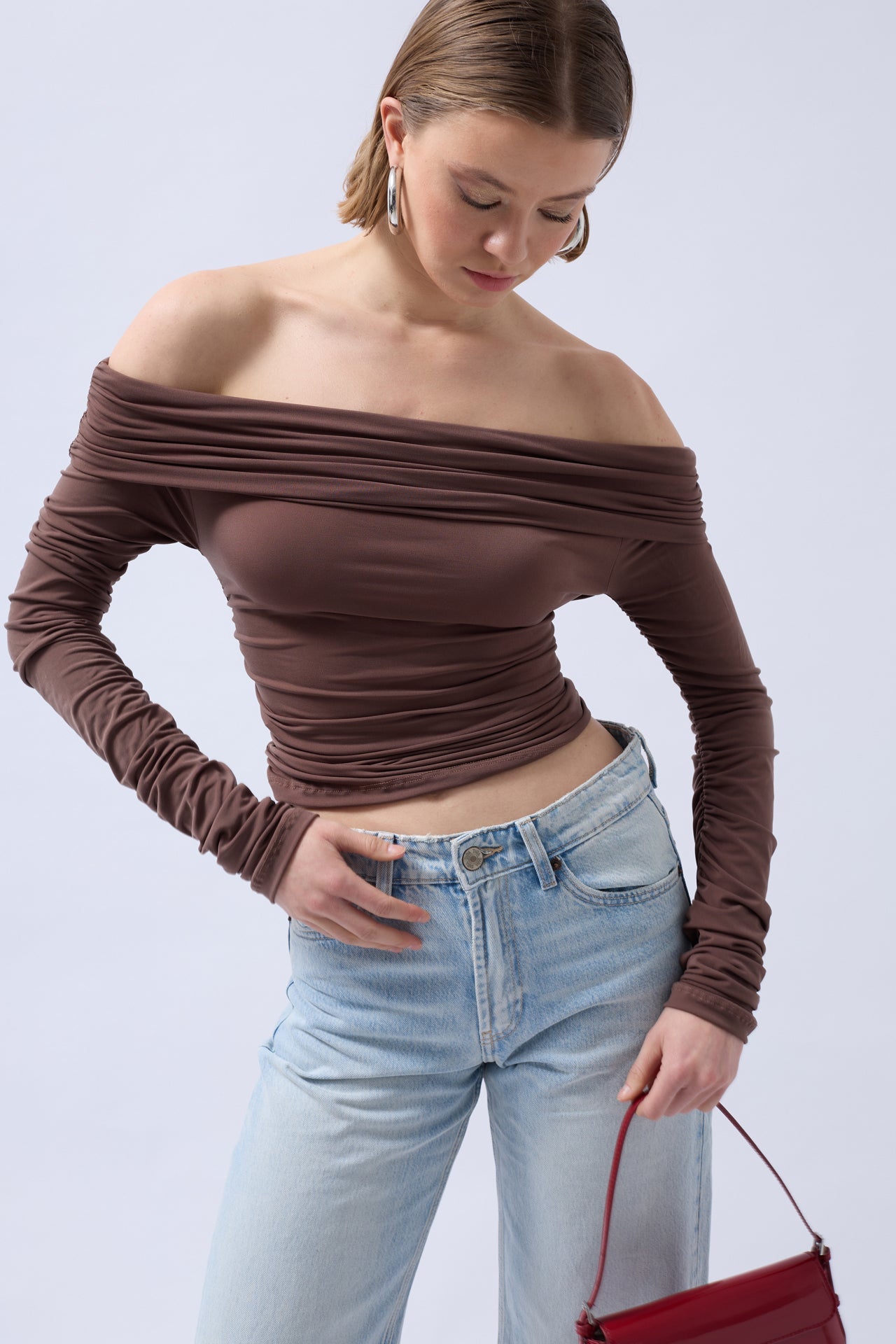 Shoulder Cutout Strapless Brown Blouse