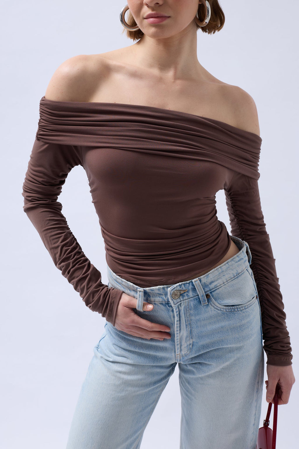 Shoulder Cutout Strapless Brown Blouse