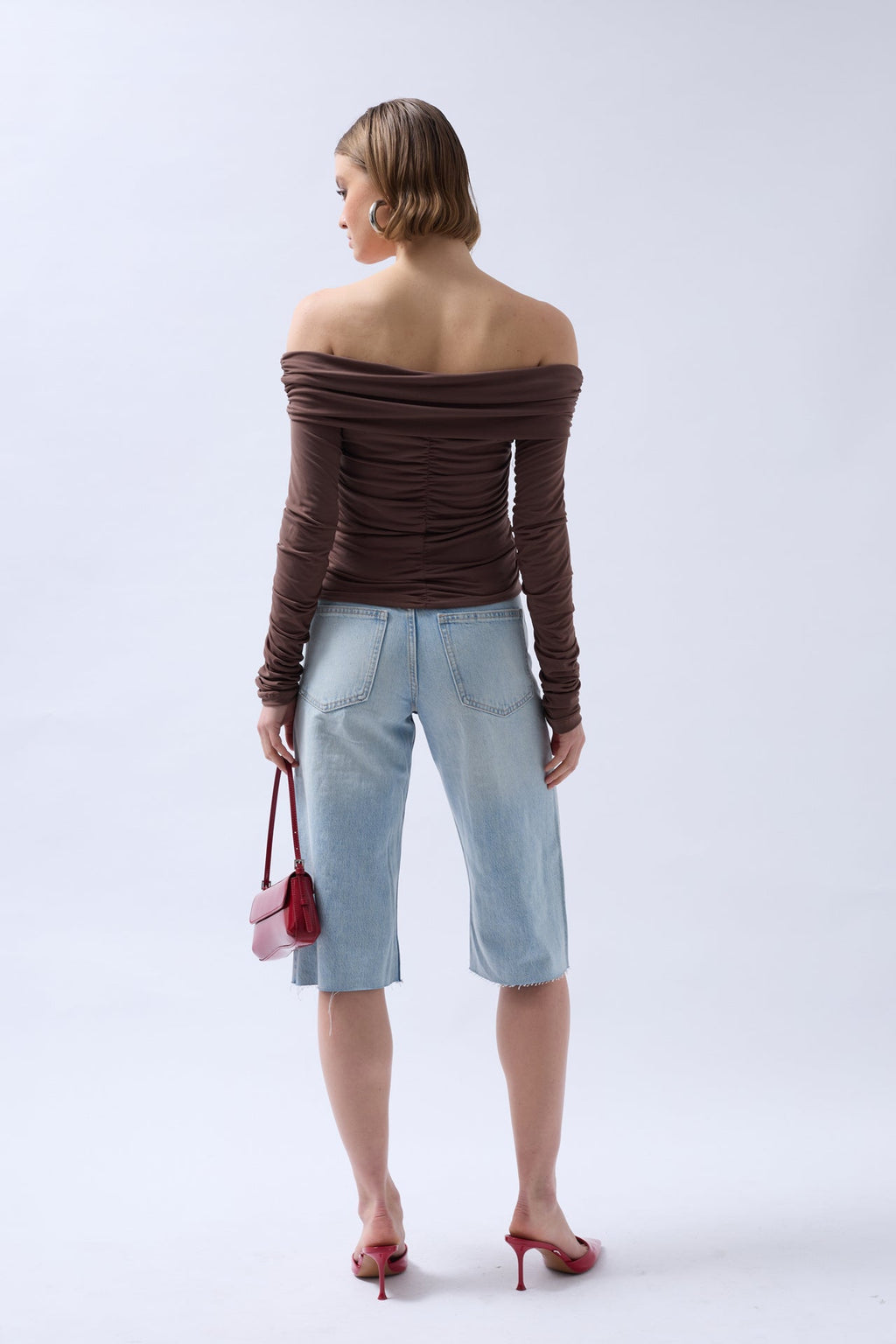 Shoulder Cutout Strapless Brown Blouse