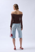 Shoulder Cutout Strapless Brown Blouse