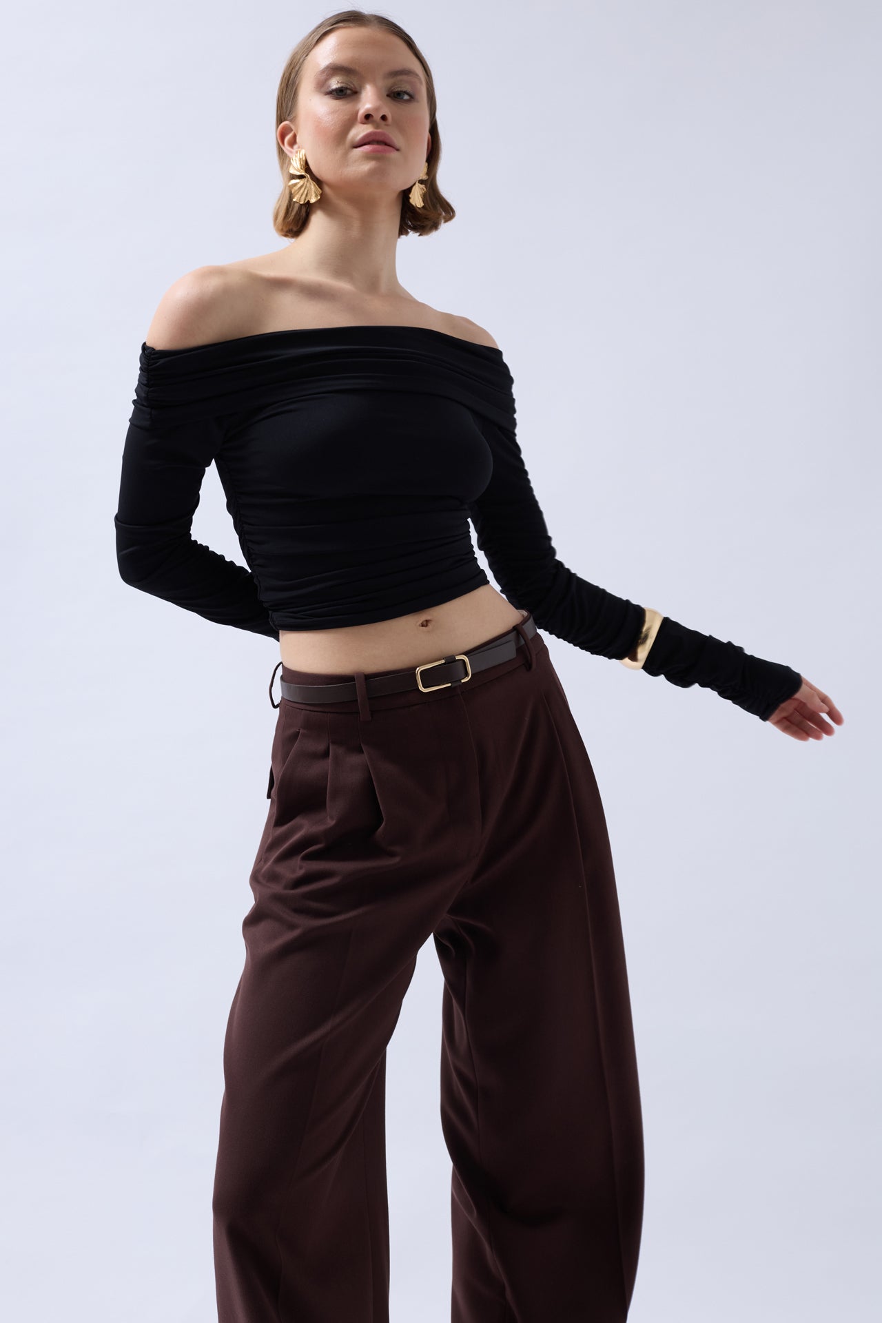 Shoulder Cutout Strapless Black Blouse