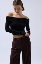 Shoulder Cutout Strapless Black Blouse