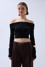 Shoulder Cutout Strapless Black Blouse